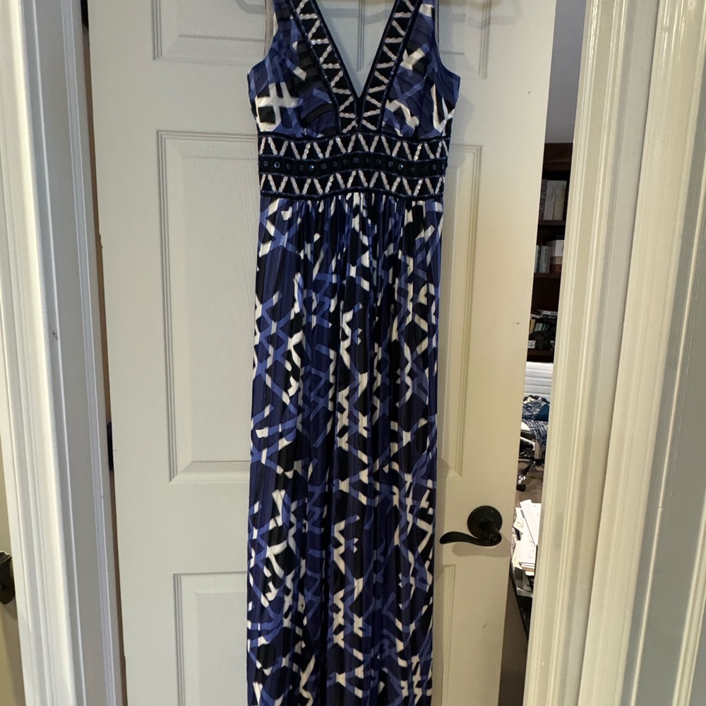 BCBG deep v printed long dress with subtle sequin on waist and V.